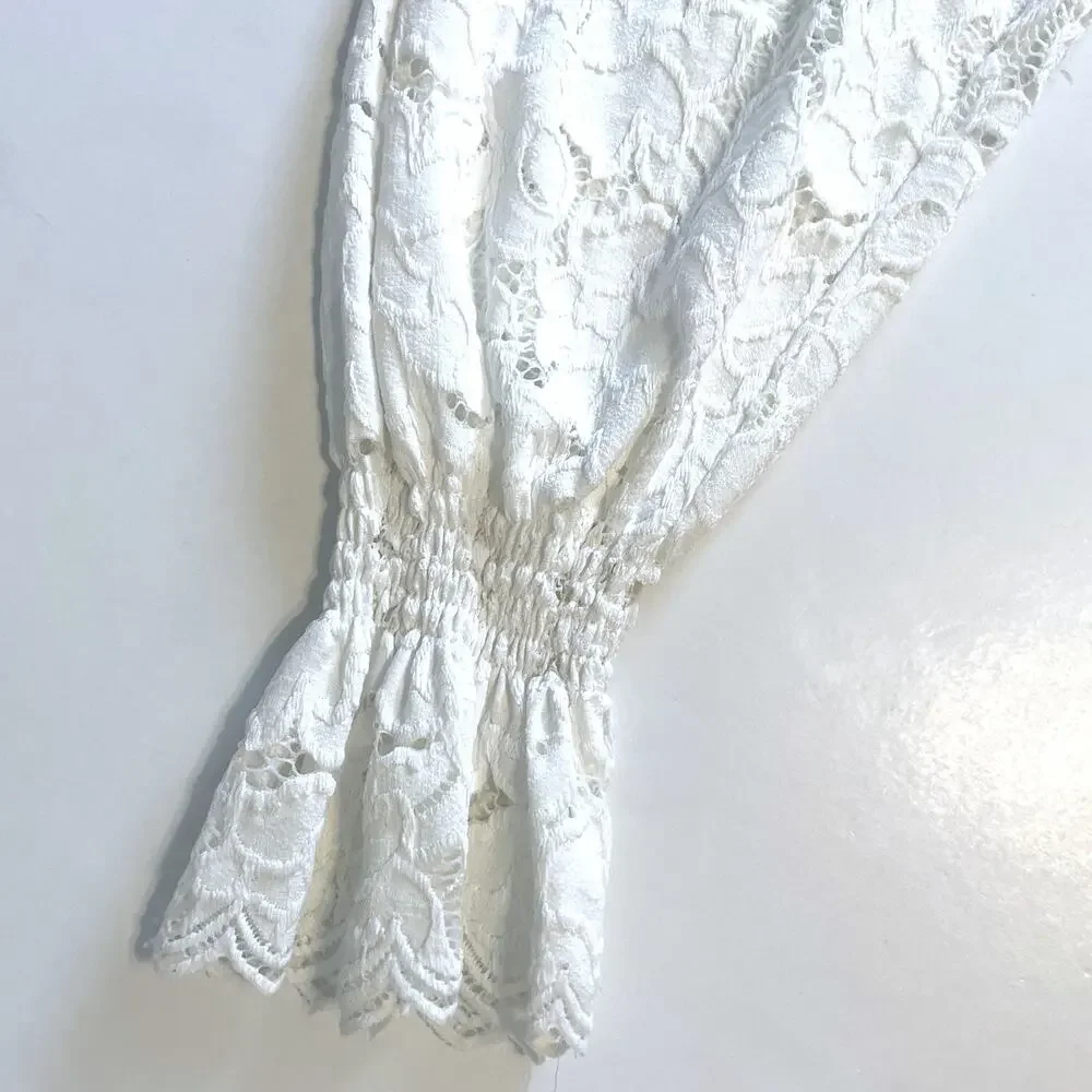 Free People Olivia Floral Lace Top Womens Medium Ivory Scalloped Trim Boho
